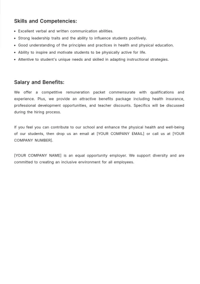 Free Health and Physical Education Teacher Job Description Template to Edit Online