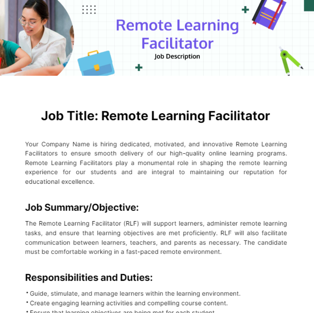 Free Remote Learning Facilitator Job Description Template