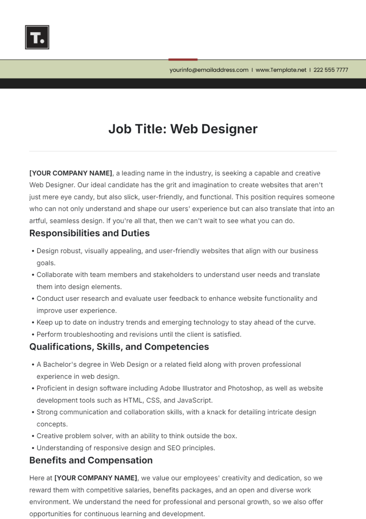 Web Designer Job Description Template - Edit Online & Download