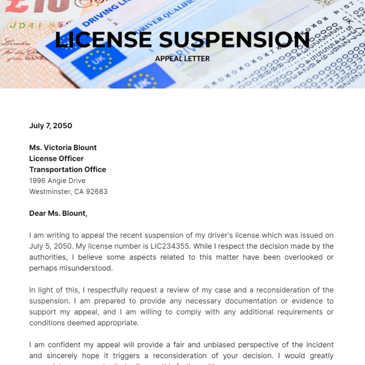 License Suspension Appeal Letter Template