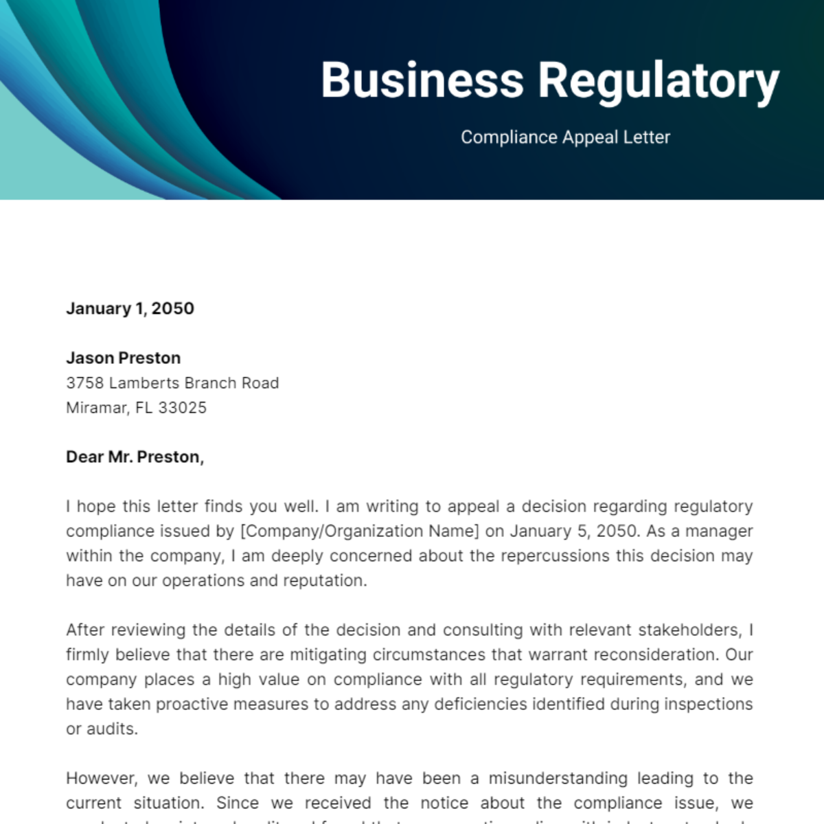 Business Regulatory Compliance Appeal Letter Template