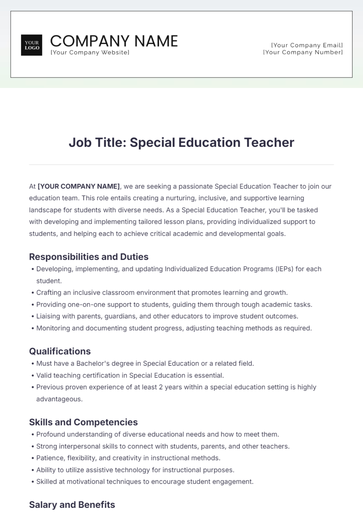 Special Education Teacher Job Description Template - Edit Online & Download