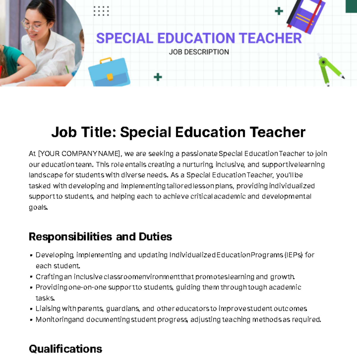Free Special Education Teacher Job Description Template