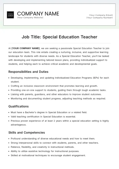 Free Special Education Teacher Job Description Template to Edit Online