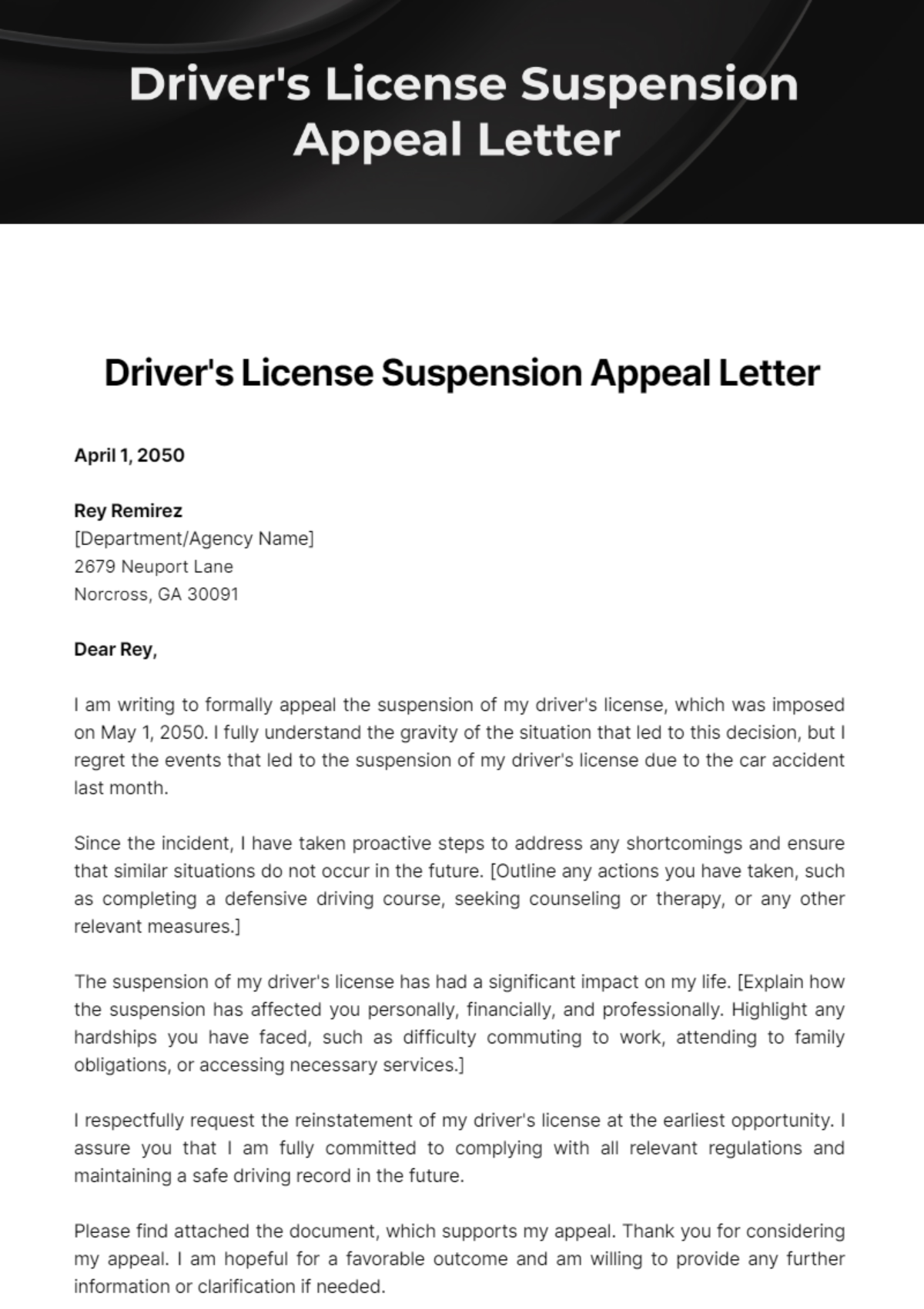 Driver's License Suspension Appeal Letter Template