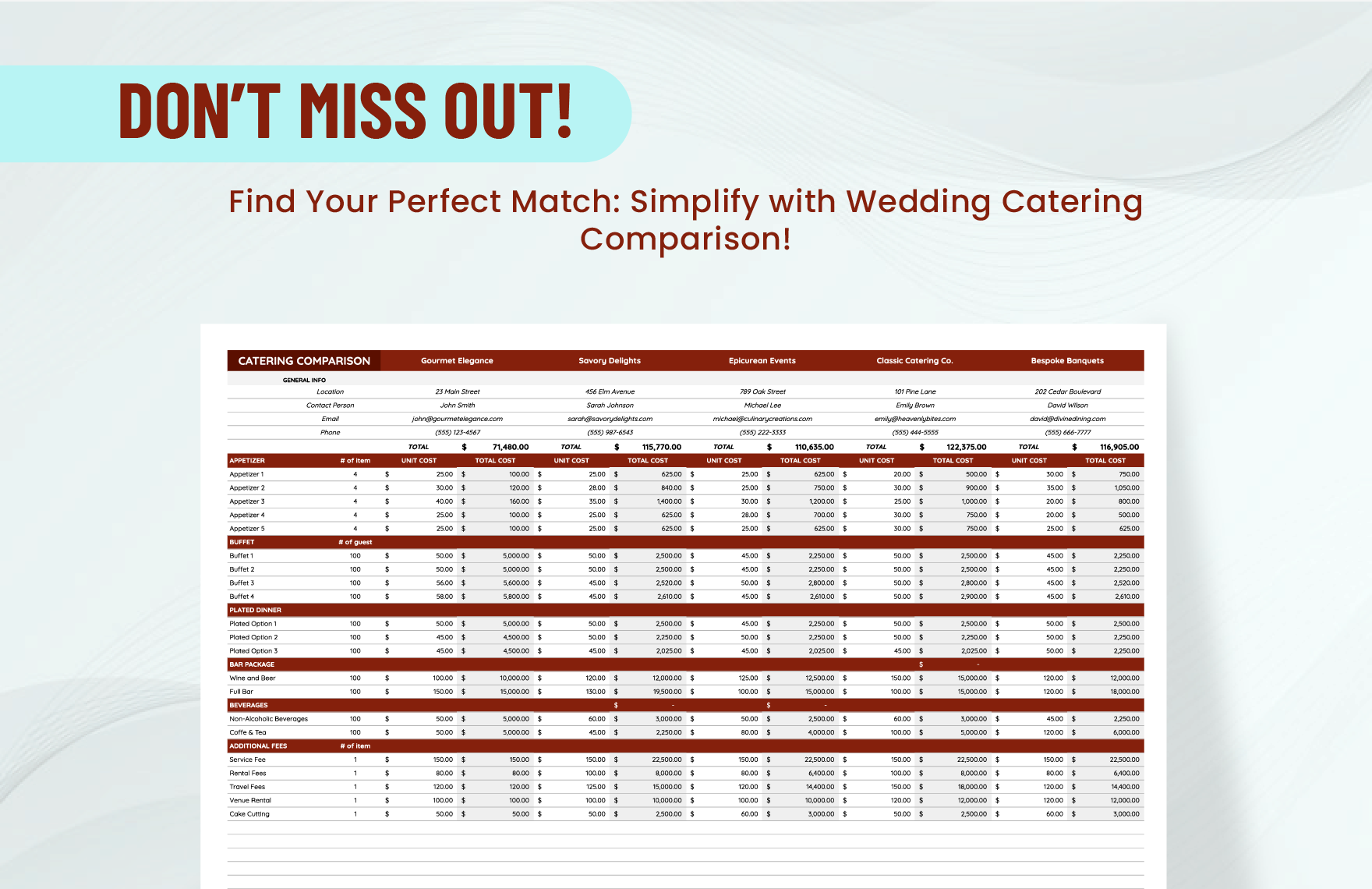 Wedding Catering Comparison Template