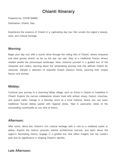 Free Chianti Itinerary Template to Edit Online