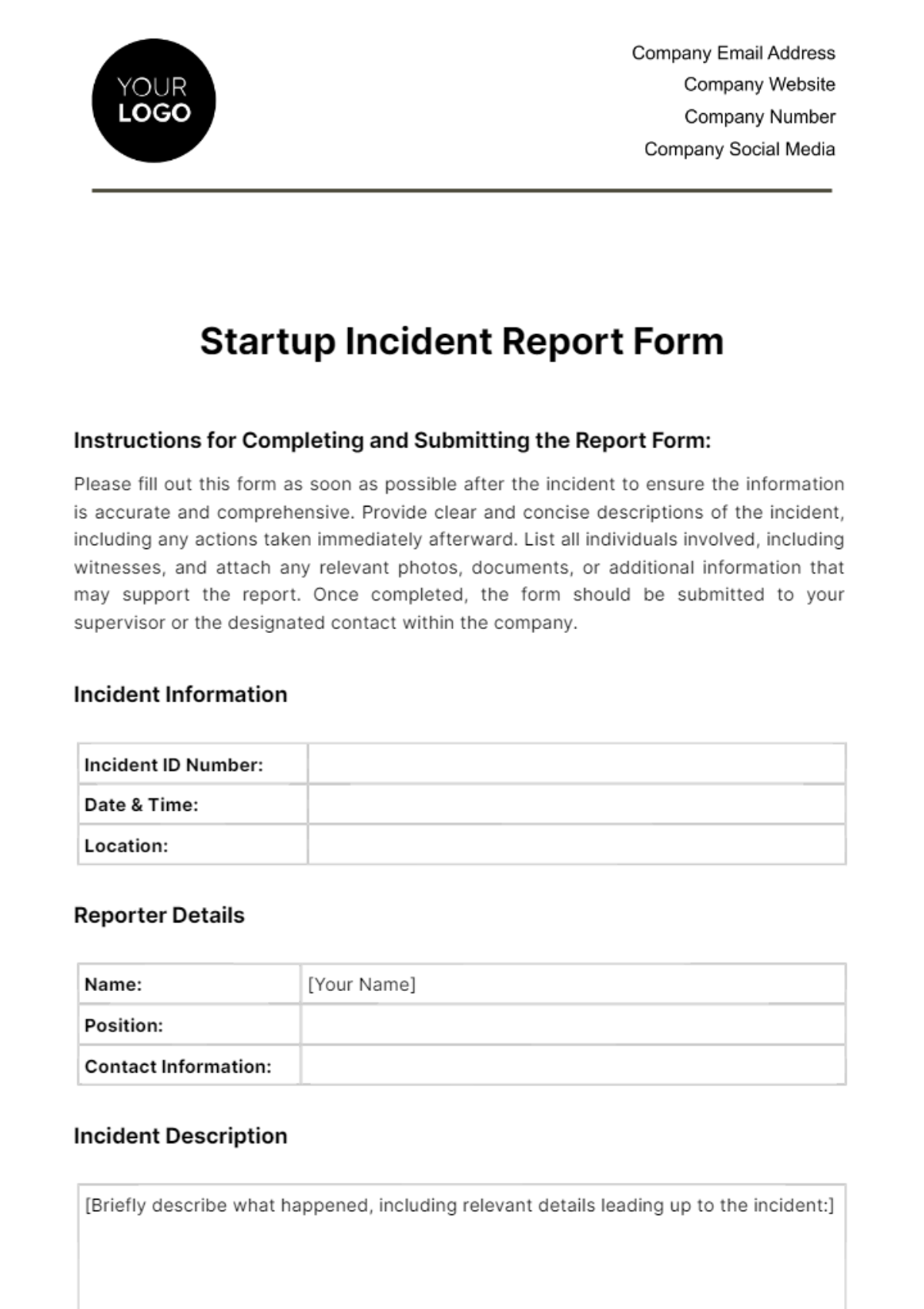 Free Startup Incident Report Form Template