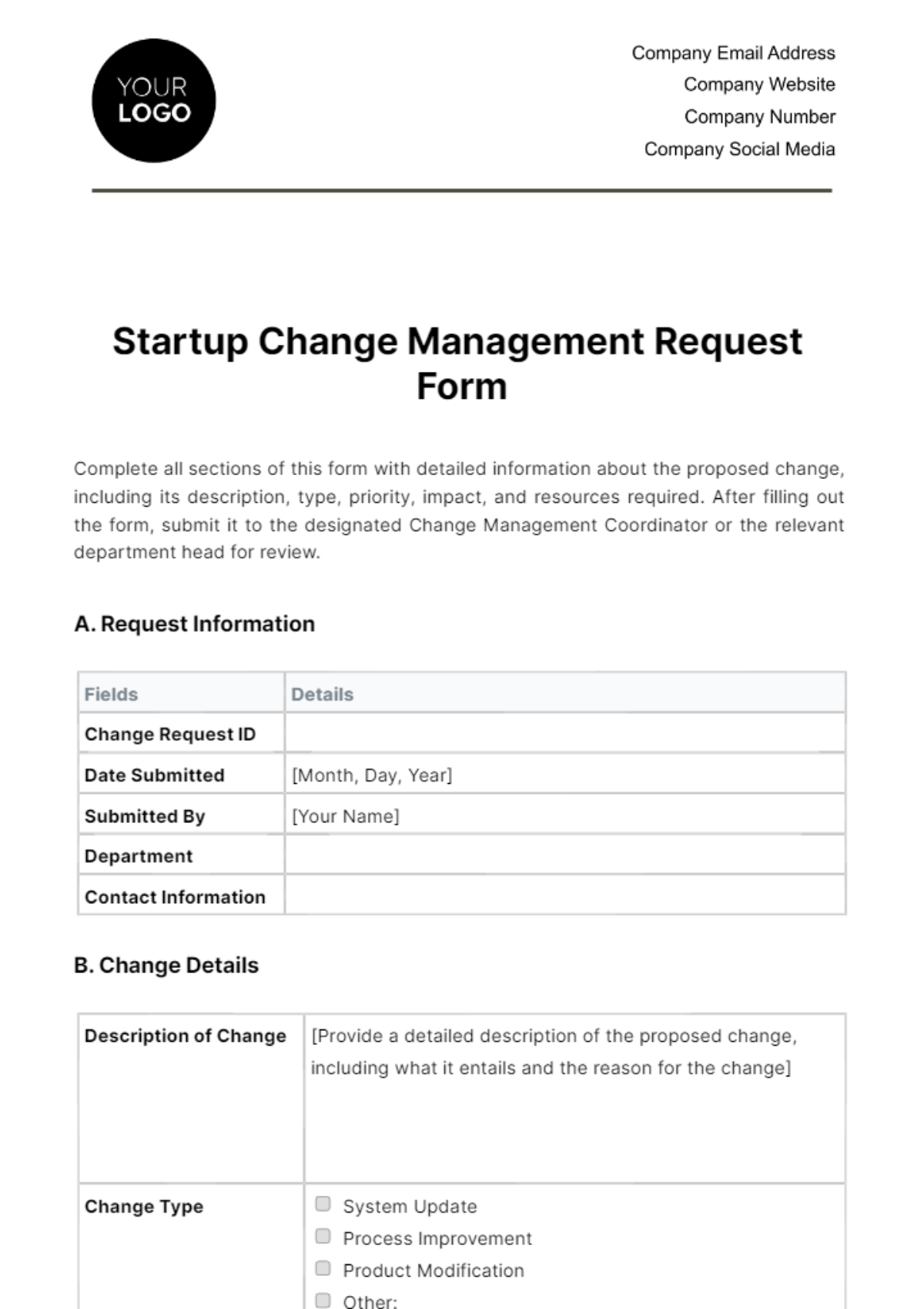 Free Startup Change Management Request Form Template
