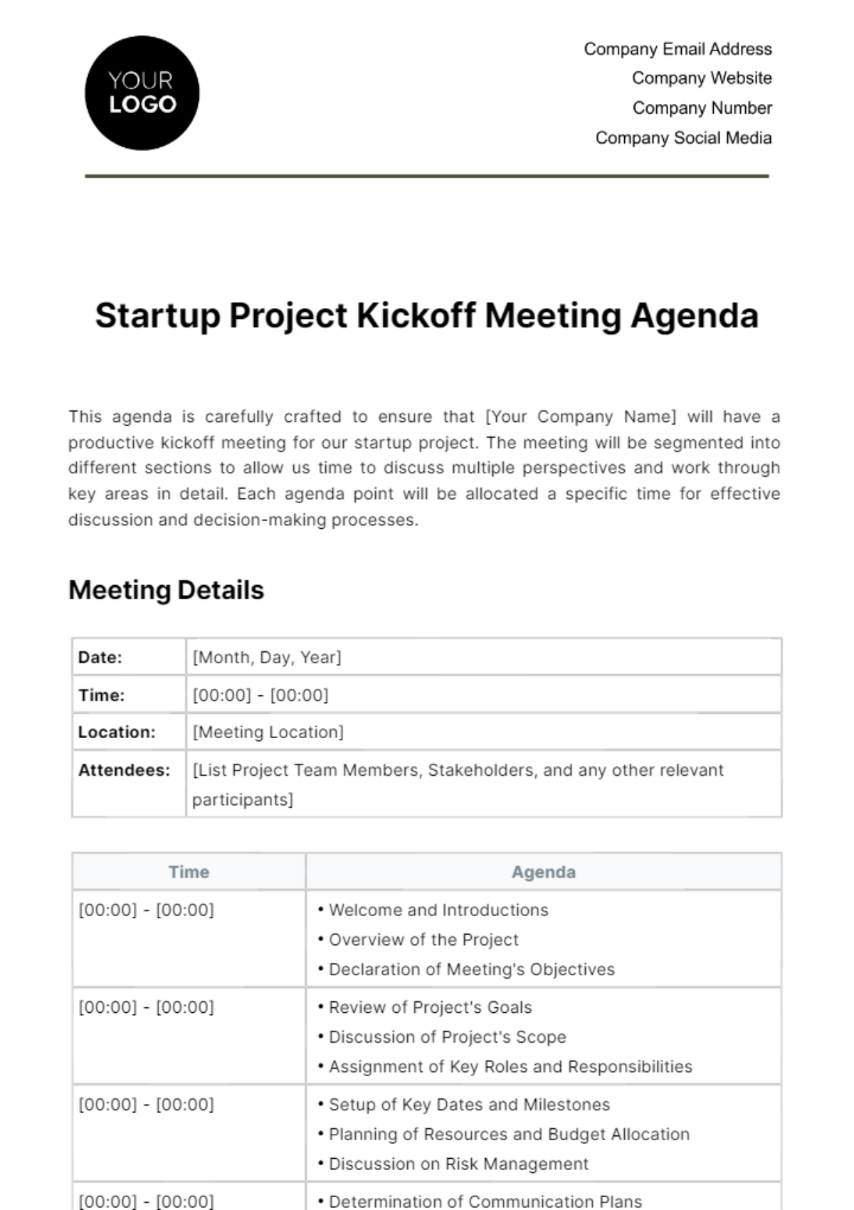 Free Startup Project Kickoff Meeting Agenda Template