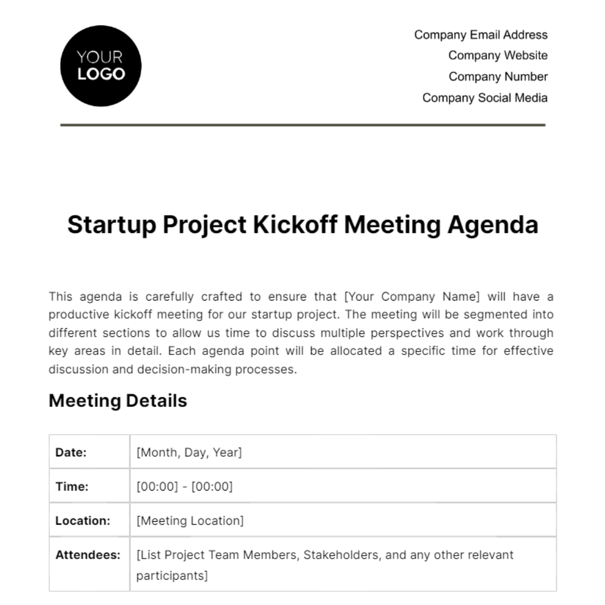 Startup Project Kickoff Meeting Agenda Template - Edit Online ...