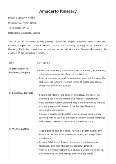 Free Amacerto Itinerary Template to Edit Online