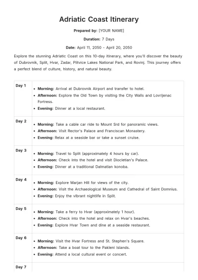 Free Adriatic Coast Itinerary Template to Edit Online