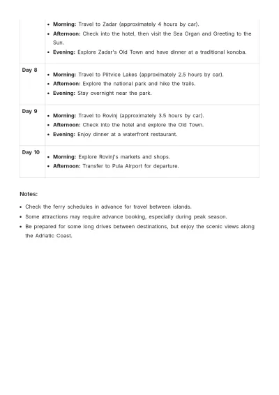 Free Adriatic Coast Itinerary Template to Edit Online