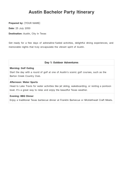 Free Austin Bachelor Party Itinerary Template to Edit Online