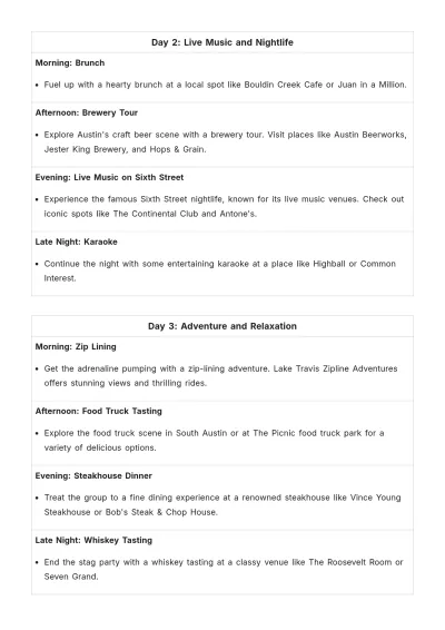 Free Austin Bachelor Party Itinerary Template to Edit Online