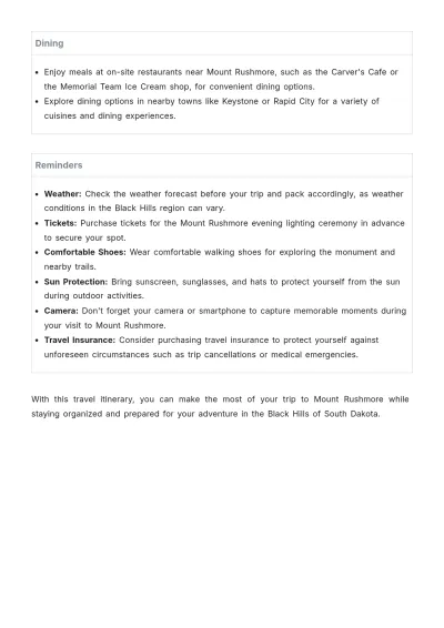 Free Mount Rushmore Itinerary Template to Edit Online