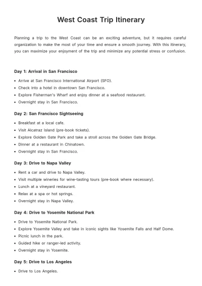 Free West Coast Trip Itinerary Template to Edit Online
