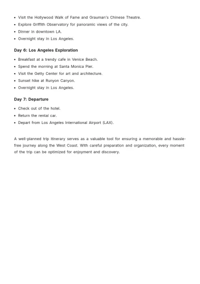 Free West Coast Trip Itinerary Template to Edit Online