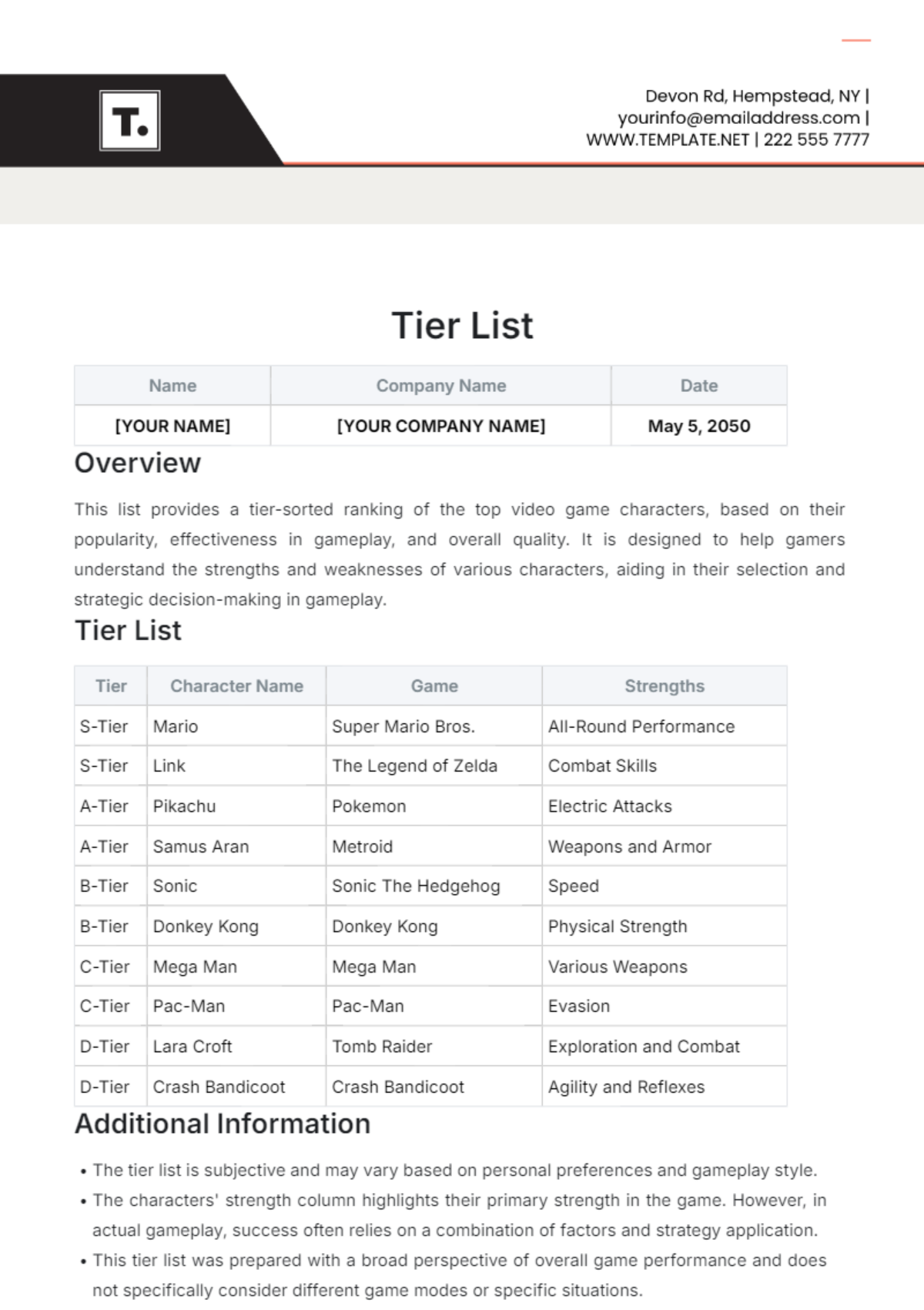 Tier List Template