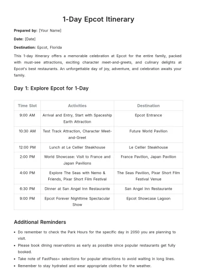 Free 1 Day Epcot Itinerary Template to Edit Online
