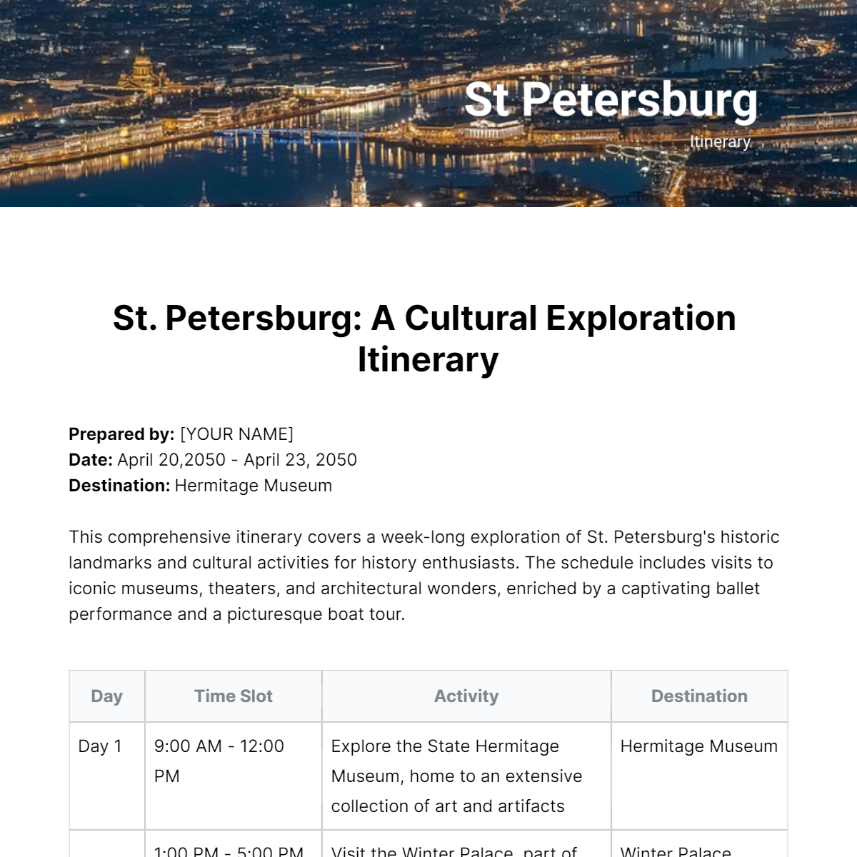 St Petersburg Itinerary Template