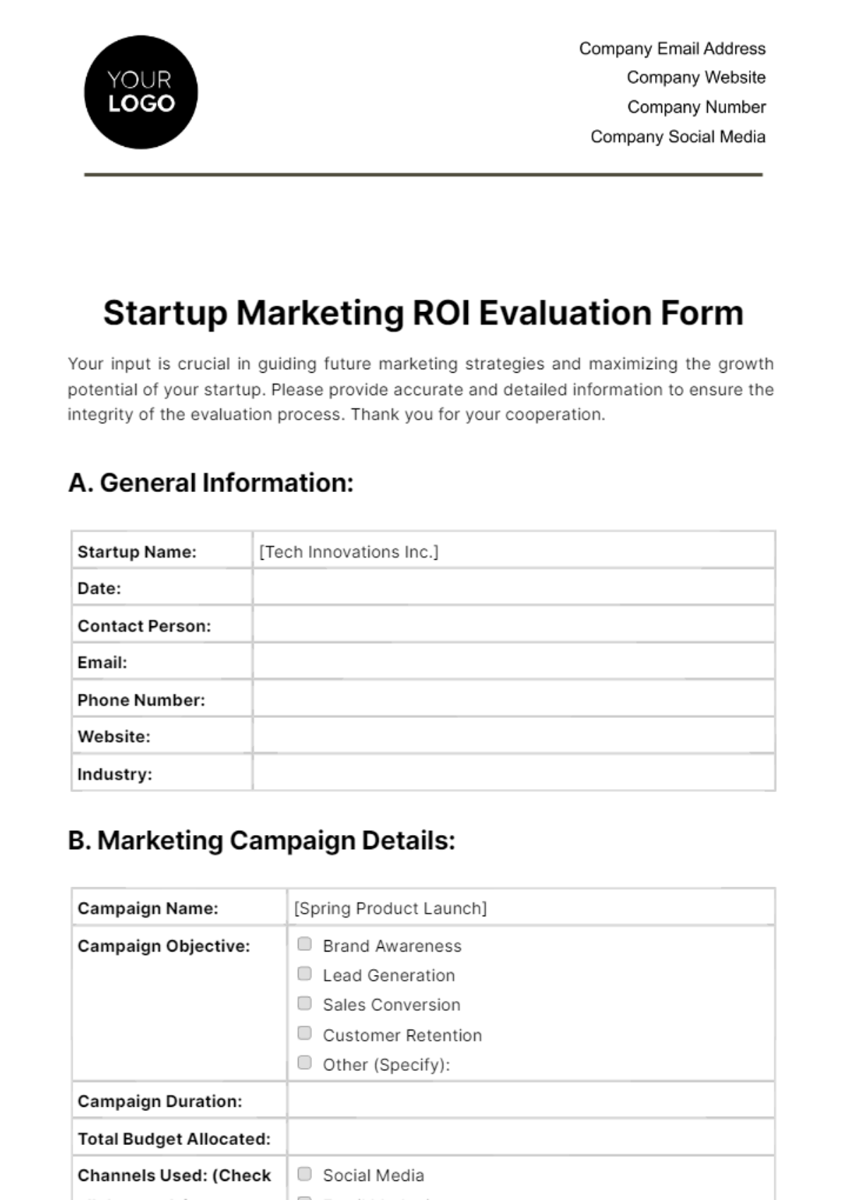 Startup Marketing ROI Evaluation Form Template