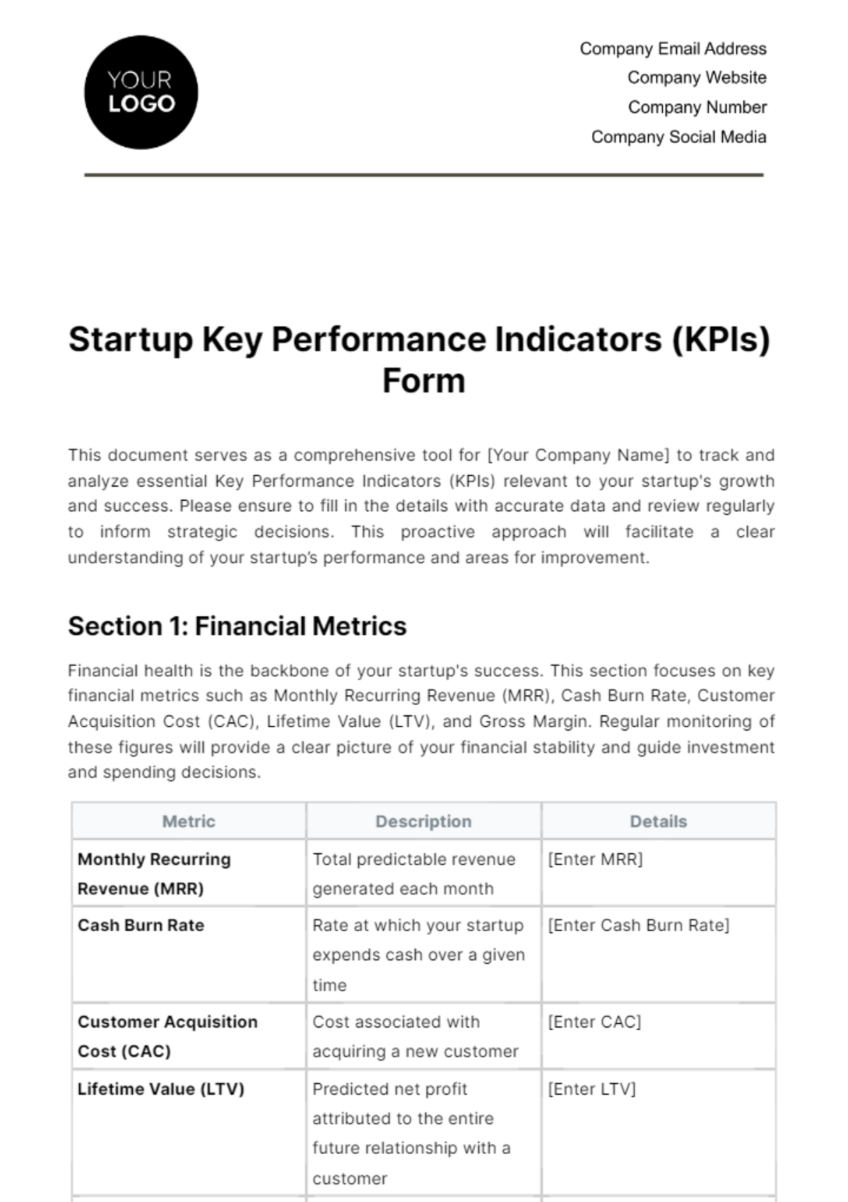 Startup Key Performance Indicators (KPIs) Form Template