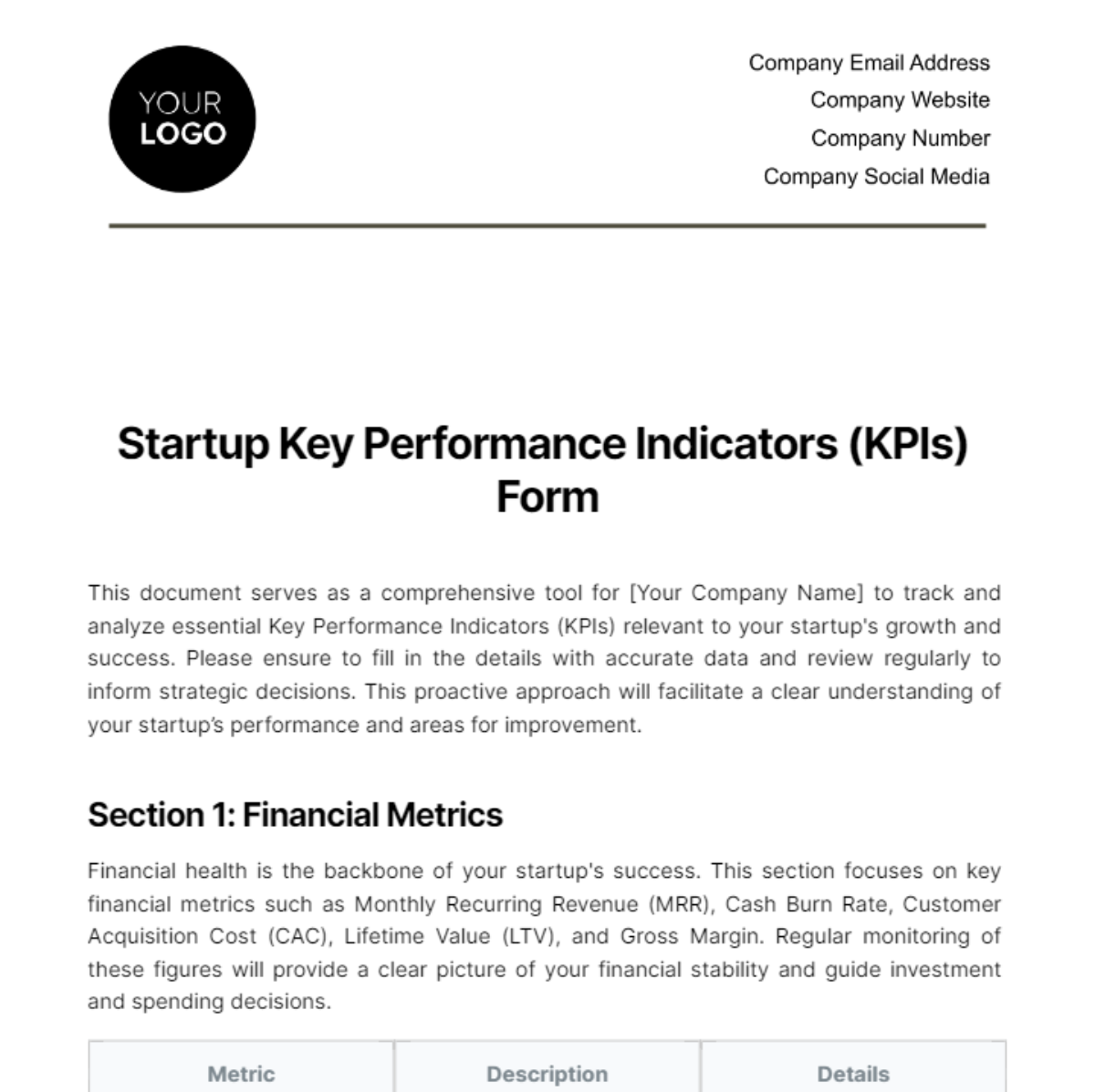 Startup Key Performance Indicators (KPIs) Form Template - Edit Online & Download