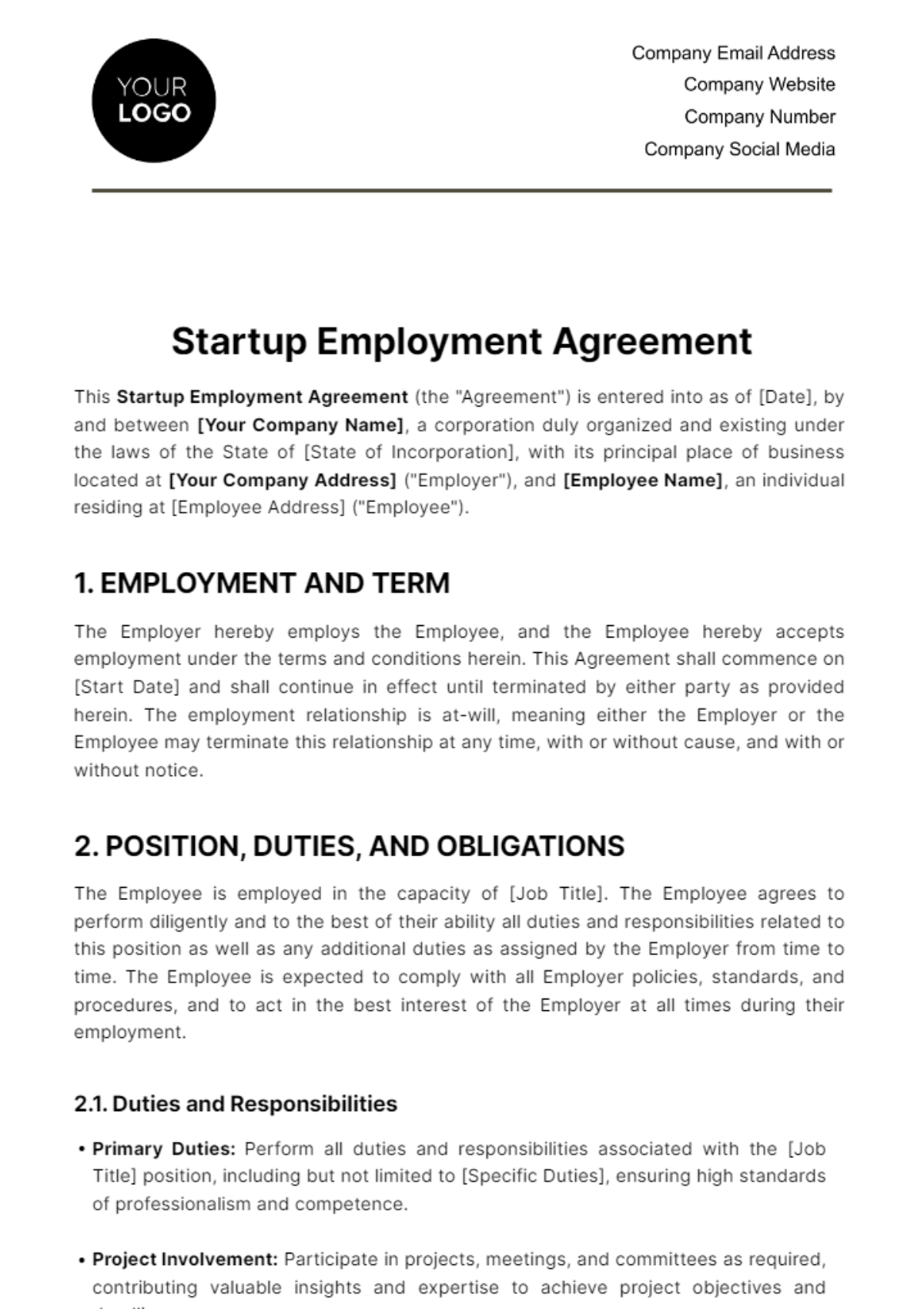 Free Startup Employment Agreement Template