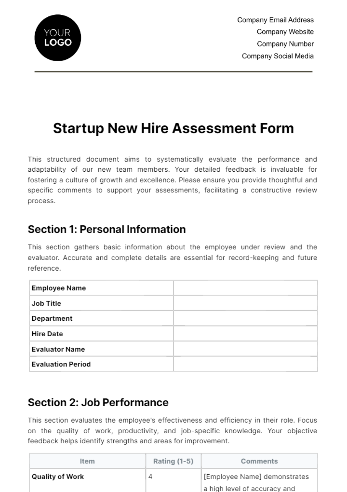 Startup New Hire Assessment Form Template