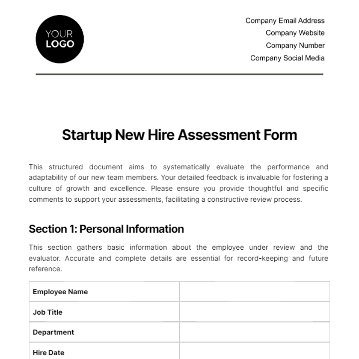 Startup New Hire Assessment Form Template - Edit Online & Download