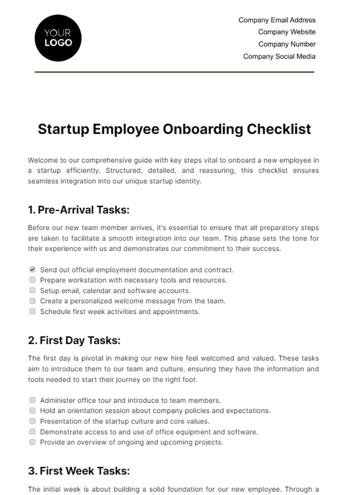 Free Startup Employee Onboarding Checklist Template