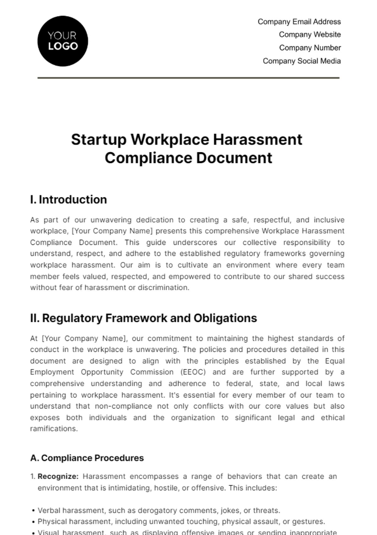 Free Startup Workplace Harassment Compliance Document Template