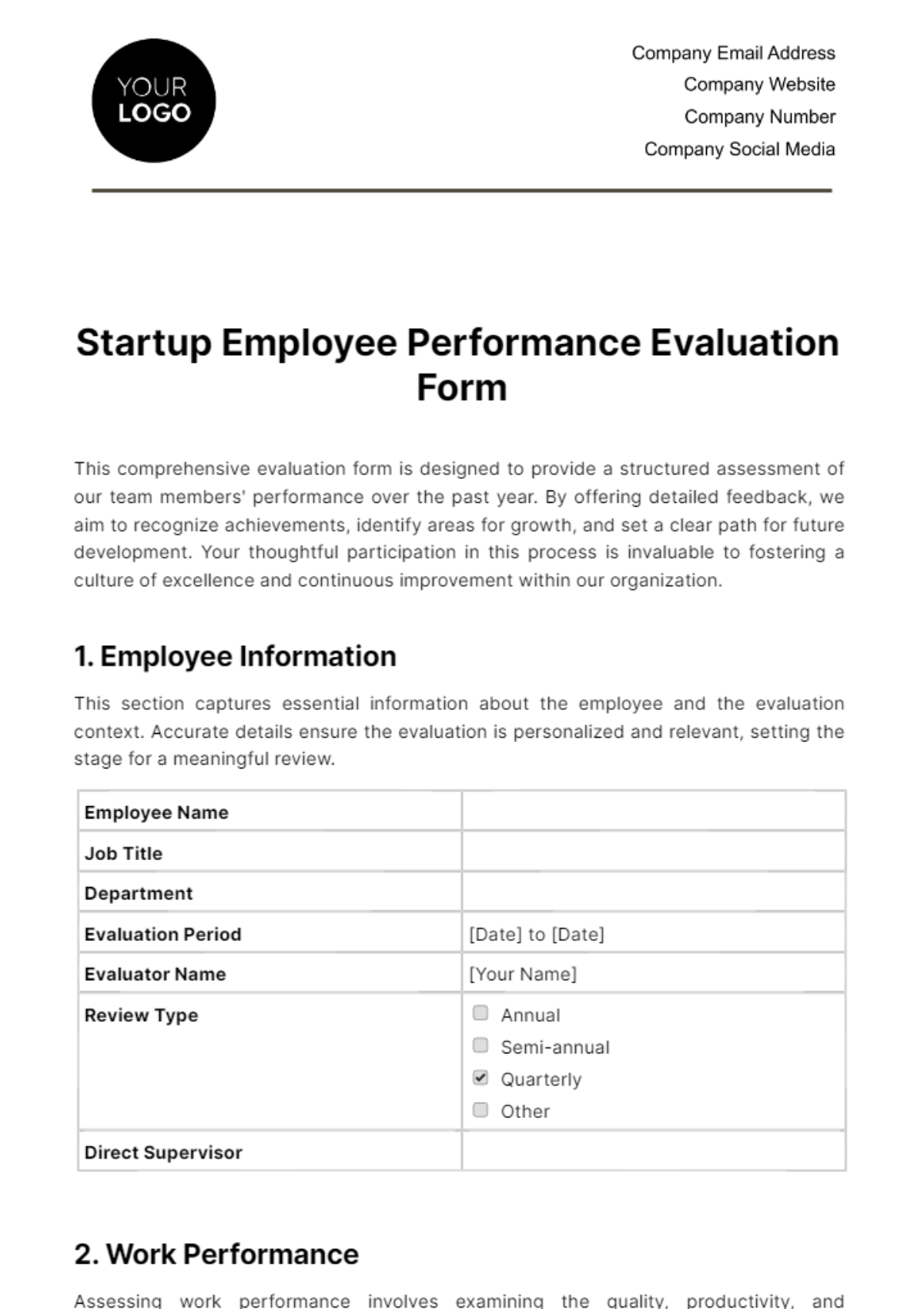 Free Startup Employee Performance Evaluation Form Template