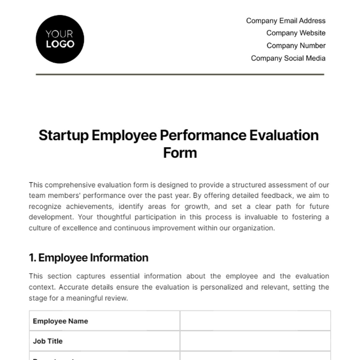 Startup Employee Performance Evaluation Form Template - Edit Online & Download