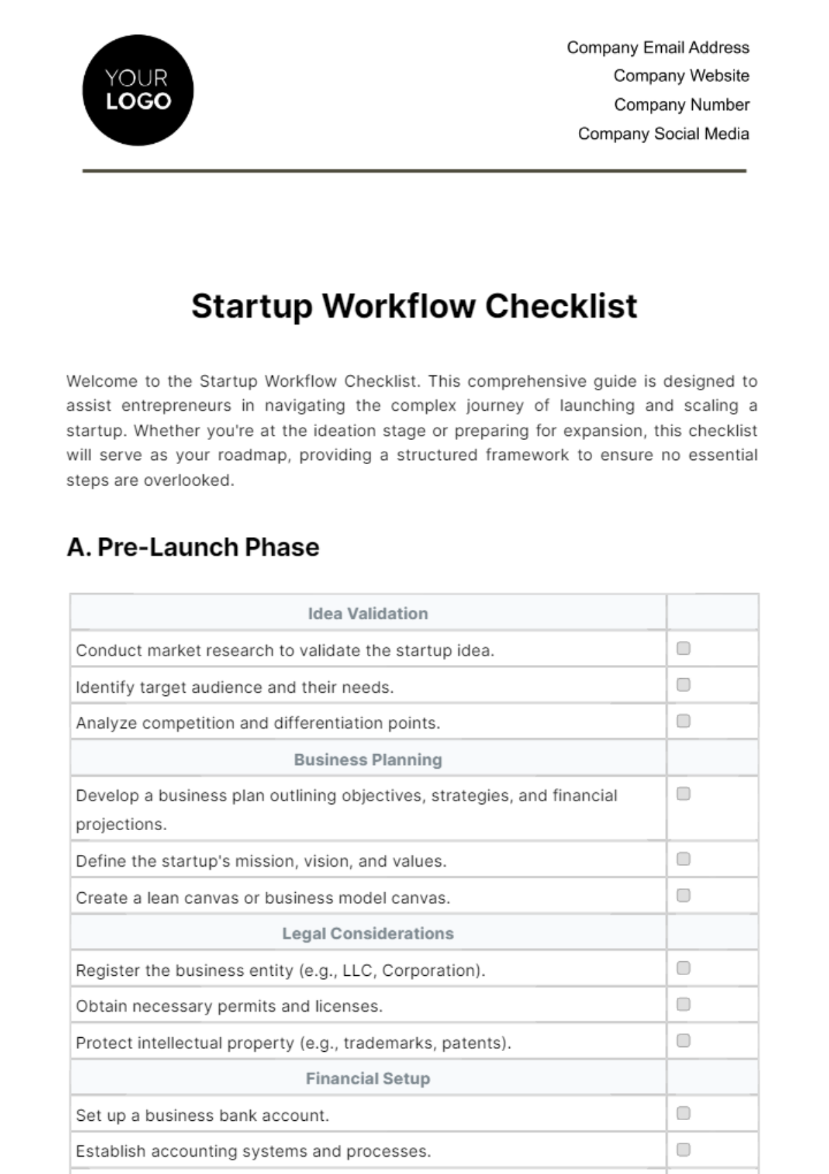Startup Workflow Checklist Template