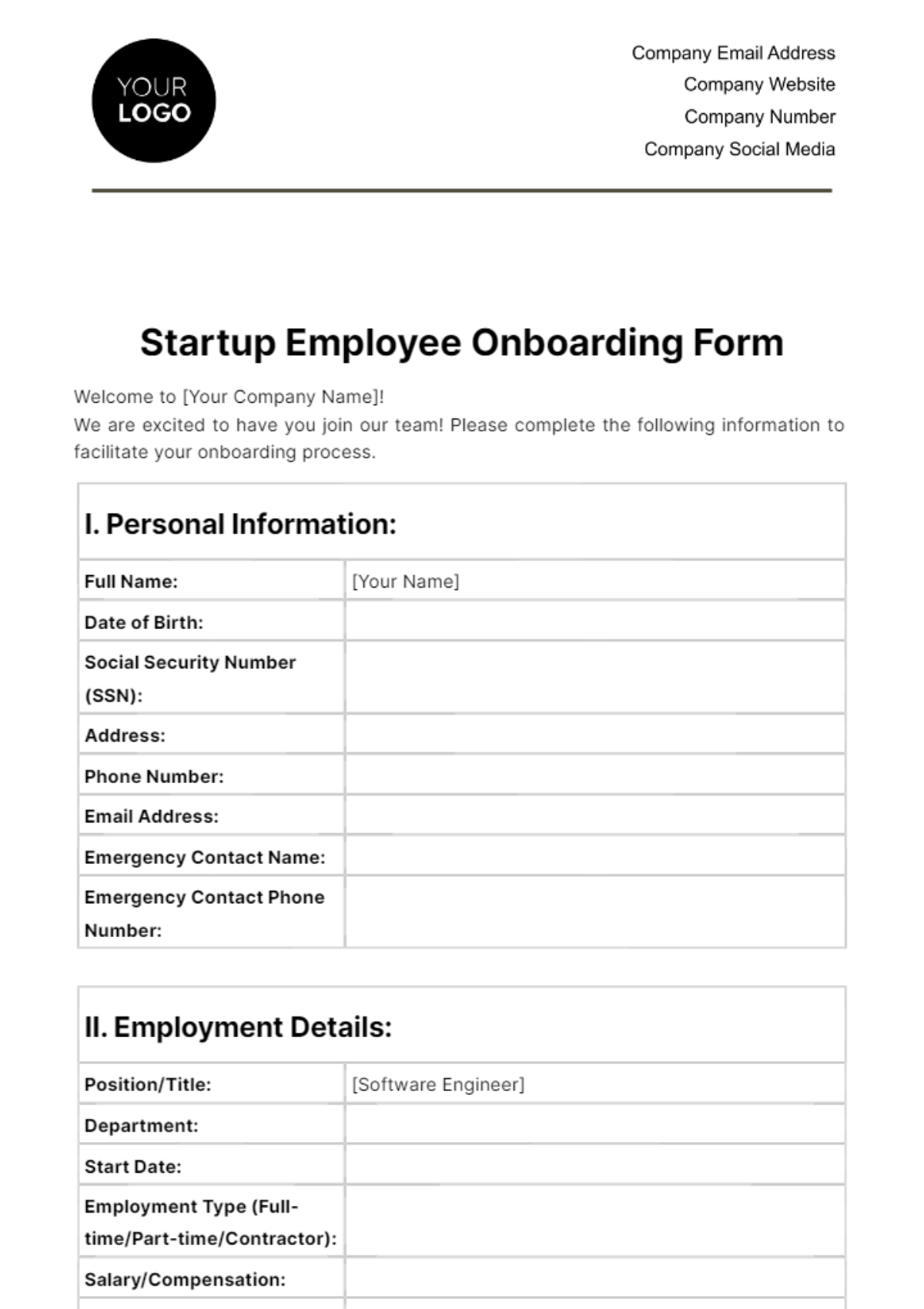 Startup Employee Onboarding Form Template