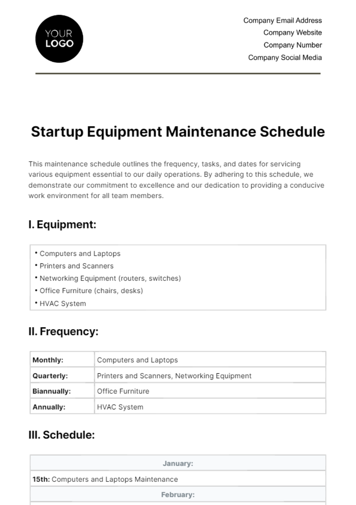 Startup Equipment Maintenance Schedule Template