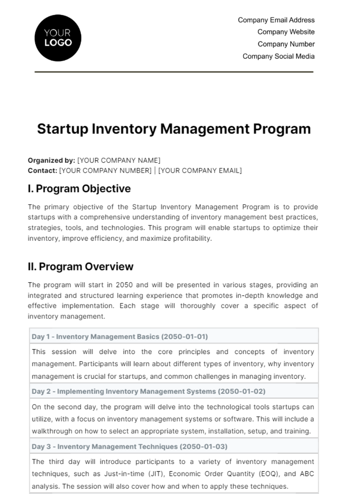 Startup Inventory Management Program Template