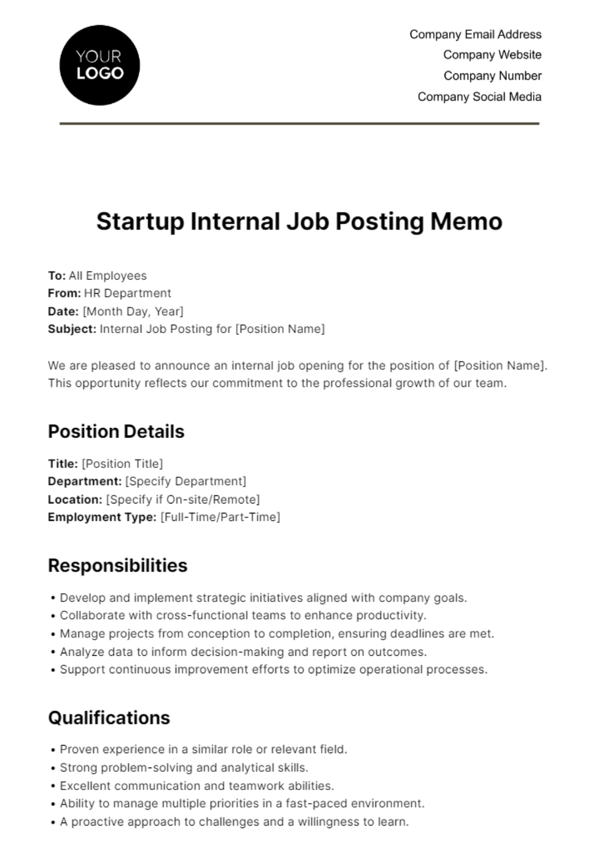 Startup Internal Job Posting Memo Template