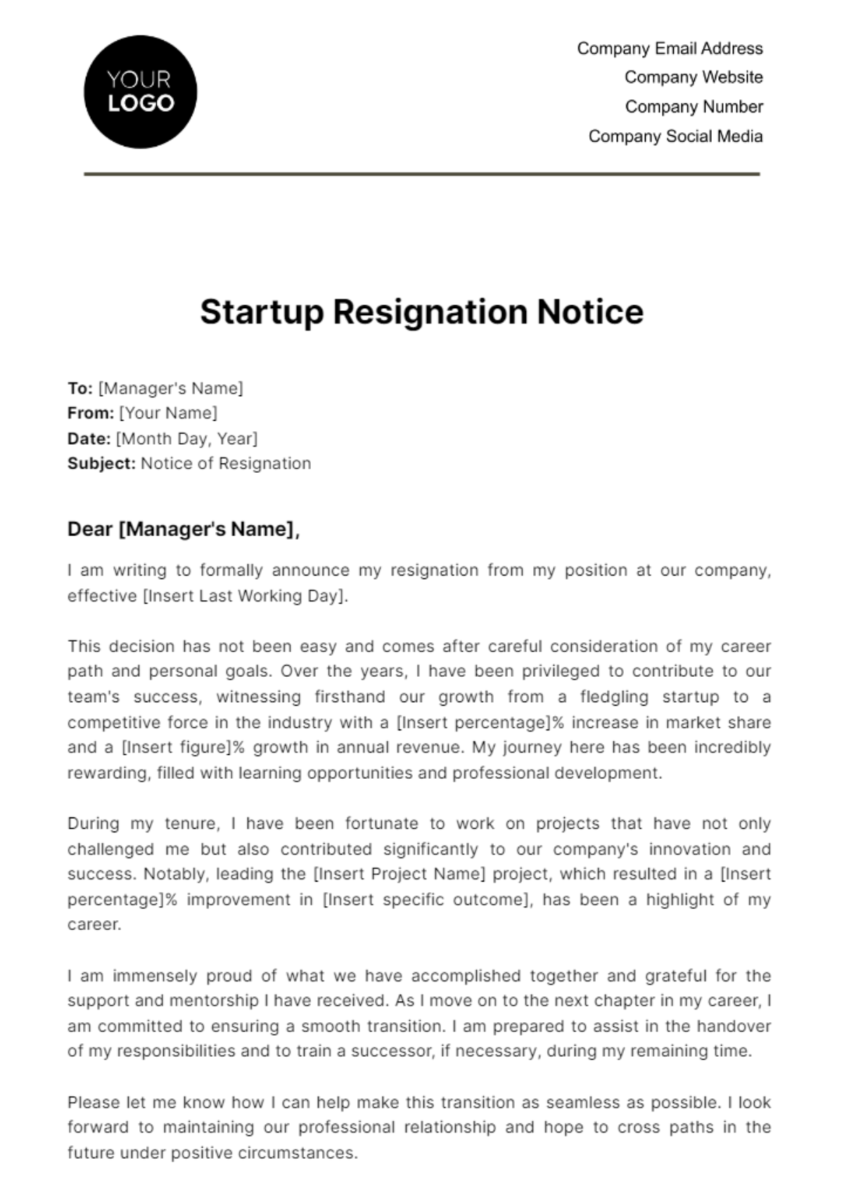 Startup Resignation Notice Template