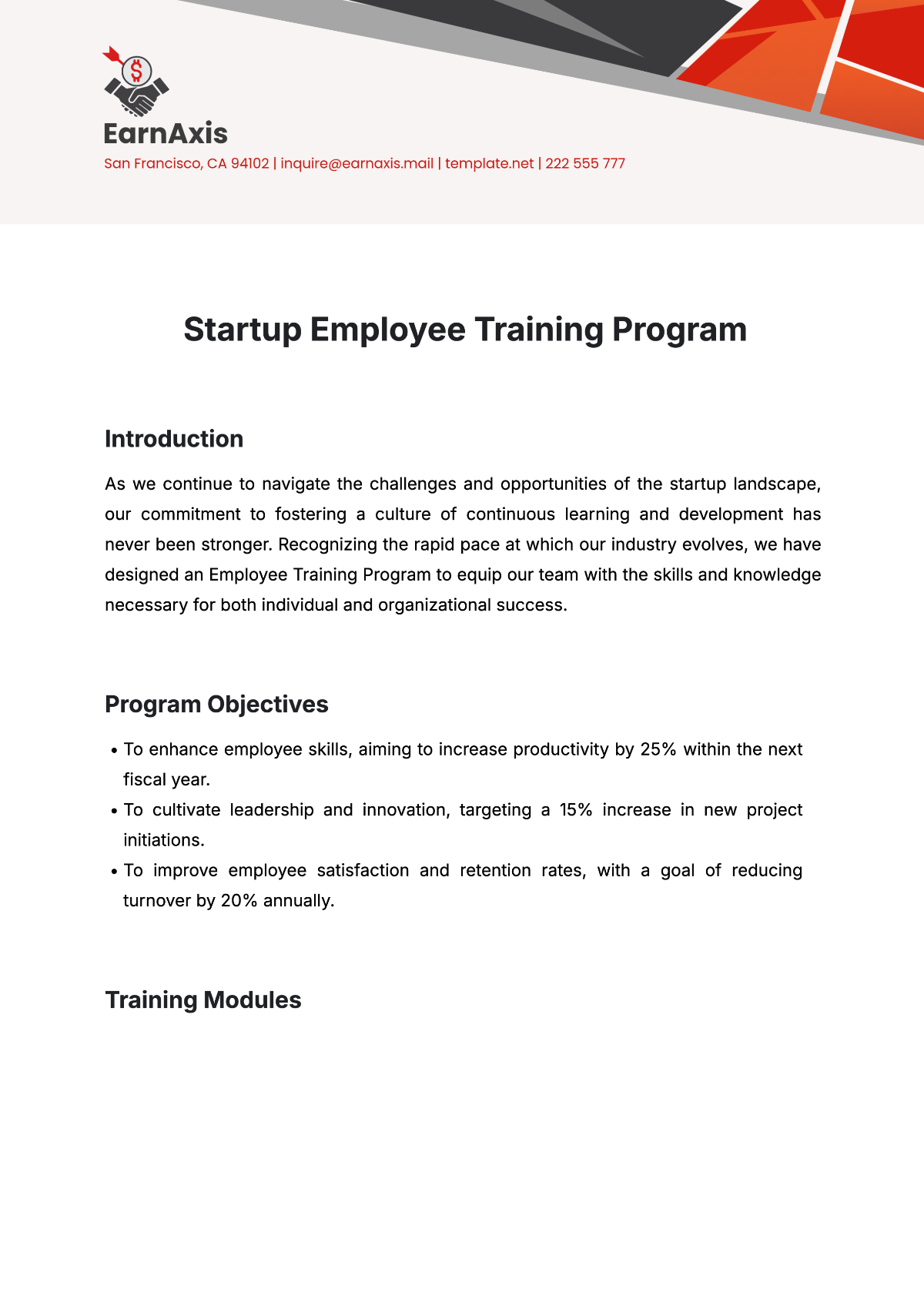 Startup Employee Training Program Template - Edit Online & Download