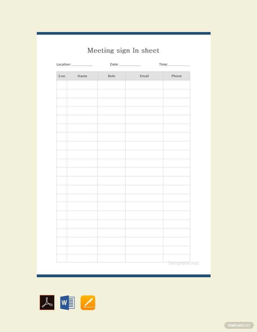 Simple Meeting Sign In Sheet Template in Word, Google Docs, PDF, Apple Pages