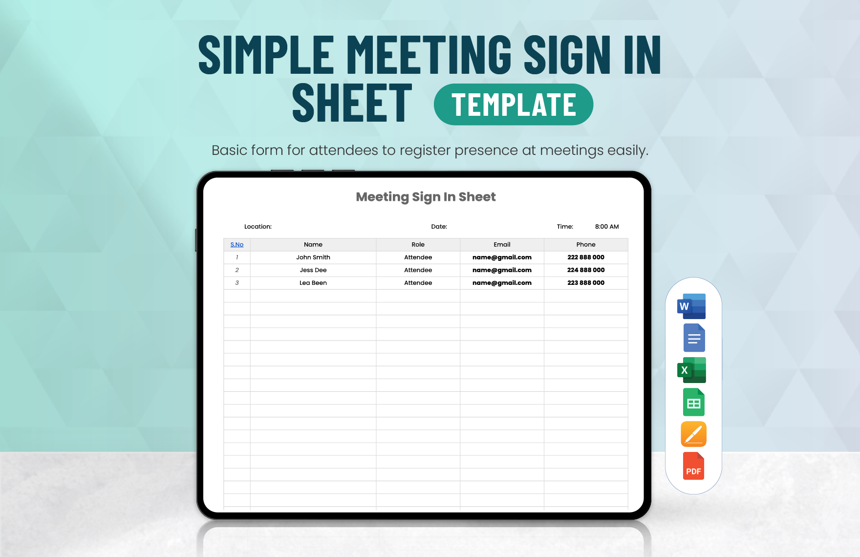 Simple Meeting Sign In Sheet Template in Word, Google Docs, Excel, PDF, Google Sheets, Apple Pages