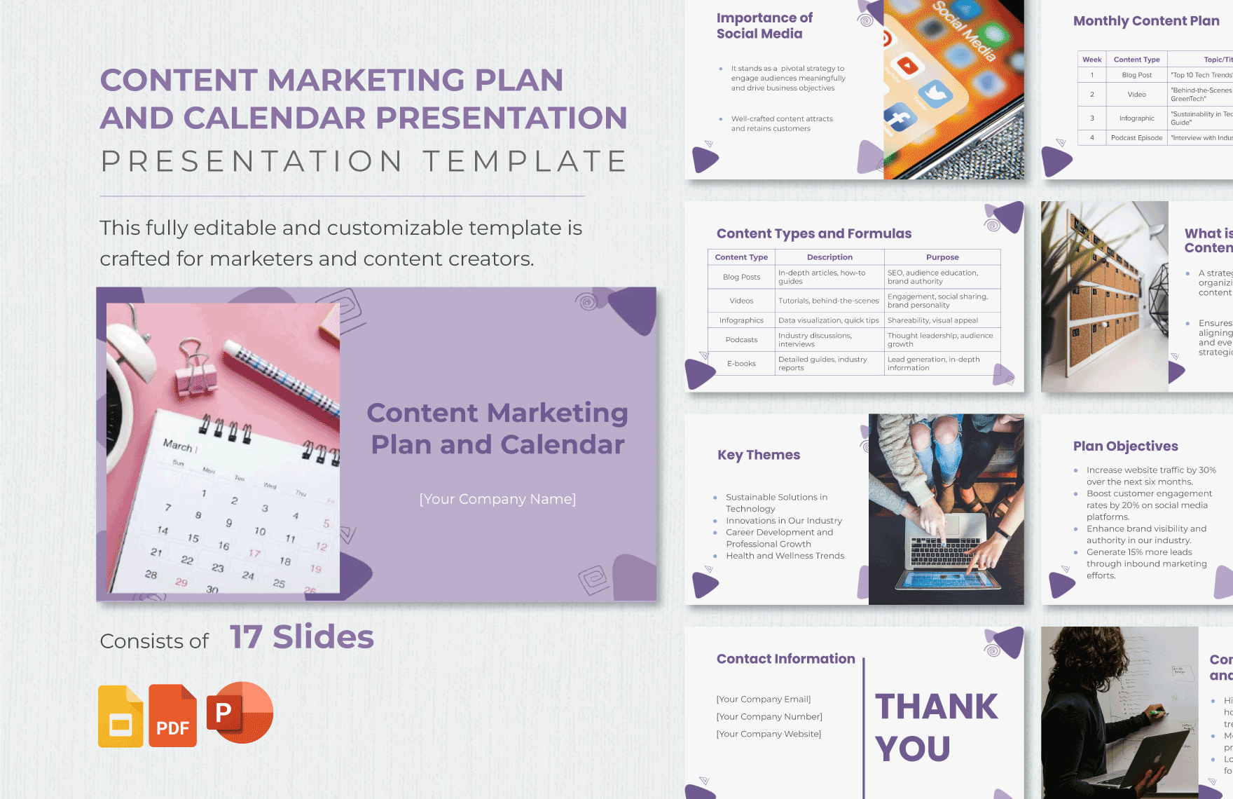 Content Marketing Plan and Calendar Presentation Template in PDF, PowerPoint, Google Slides