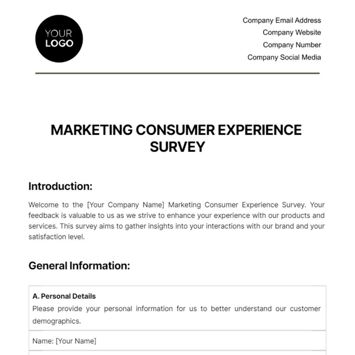 Marketing Consumer Experience Survey Template