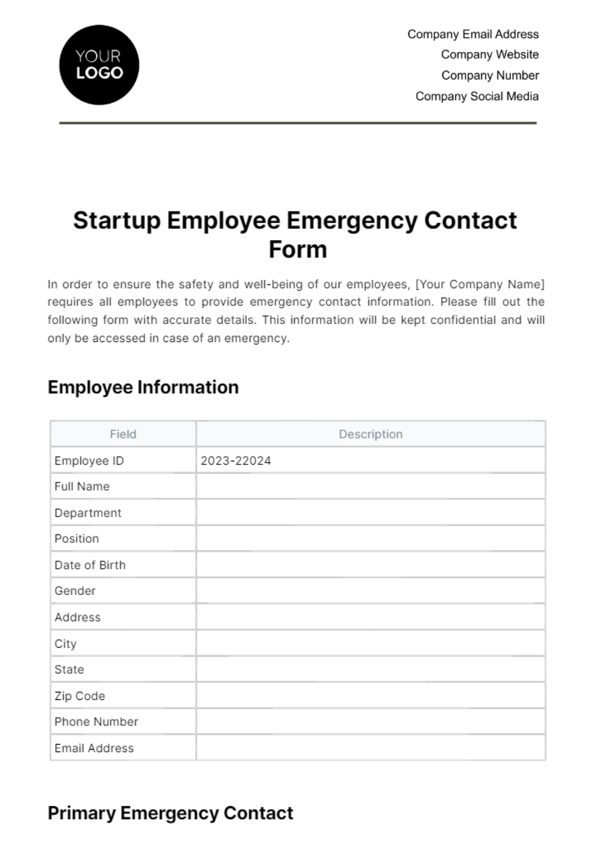 Startup Employee Emergency Contact Form Template