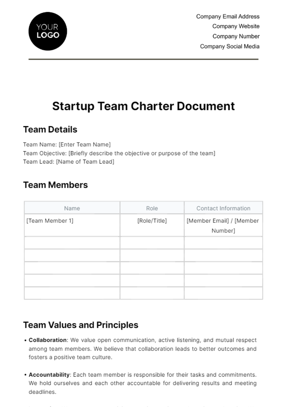Free Startup Team Charter Document Template