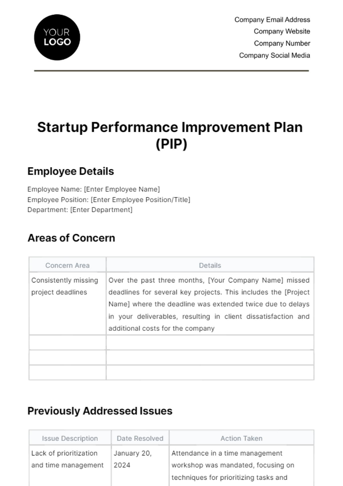 Free Startup Performance Improvement Plan (PIP) Template
